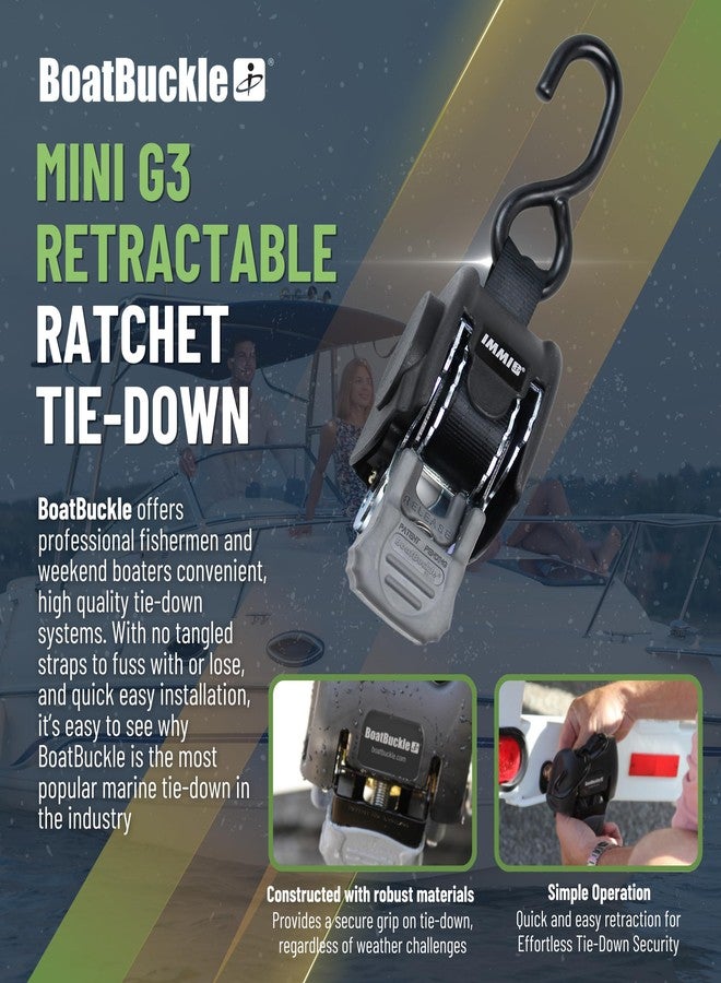BoatBuckle Mini G3 Retractable Ratchet Straps - (1 x 72-Inch, 1400lbs Break Strength, 2-Pack) Bolt-On Boat Transom Tie Down Straps to Trailer, Fresh Water - Image 2
